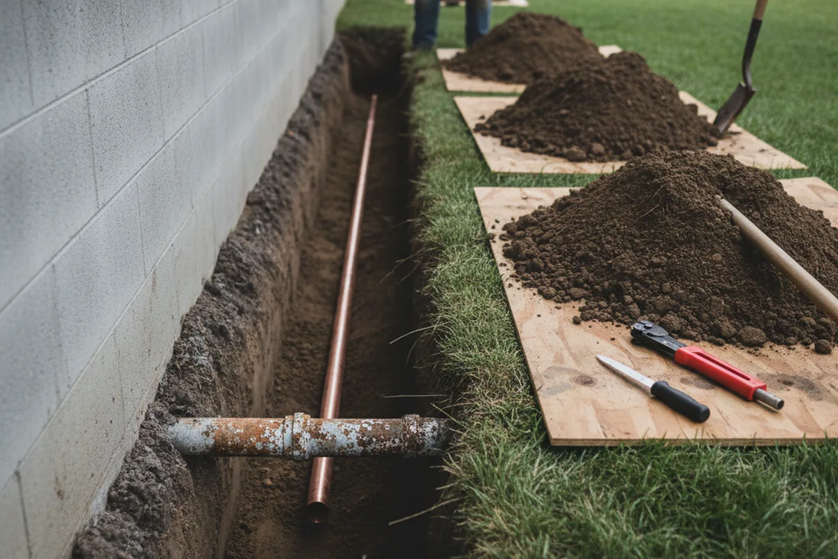 Excavated water line trench during Water Heater Repair in Howells